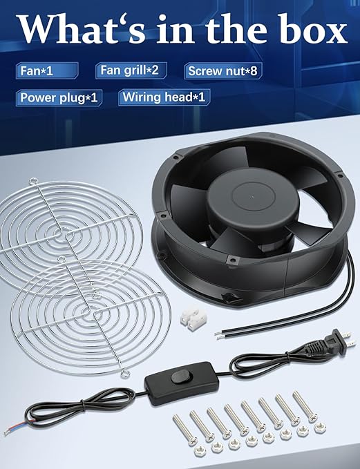 AC Axial Fan 110v 120v 172mm x 150mm x 51mm Powerful Airflow Dual Ball Bearing Fan with Switch Cooling for DIY Chicken Coop Greenhouse Server Room Garage Crawl Space Exhaust