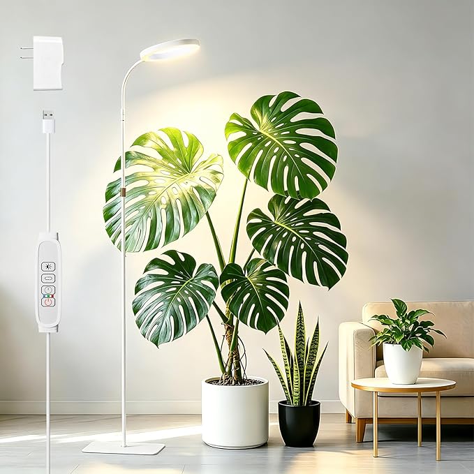 SDOVUERC Full Spectrum Grow Light with Stand for Indoor Plants, Floor Plant Light, 6/12/18H Timer, 3 Color Modes, Adjustable Height 16.5–68in, for Large Plants & Home Décor(1 Head,White)