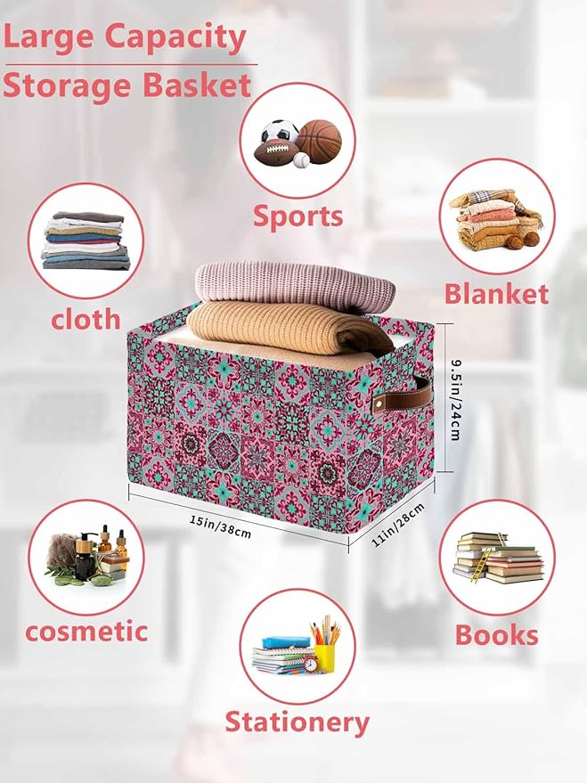 Vintage Middle Century Storage Bins Cubes Waterproof Cloth Storage Basket,Abstract Bohemia Style Aztec Pink Foldable Storage Bags for Shelf Clothes Storages Organizers with Handles 15x11x9.5 in 2PCS