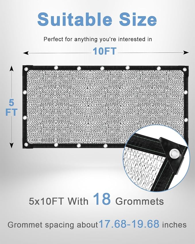 vensovo 40% Aluminum Shade Cloth - Reflective Aluminium Shade Netting Sun Shade Cover with Grommets for Cars, Dogs, Outdoor, RV, Patio (5x10FT)