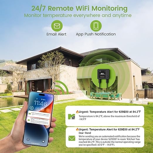 MOCREO WiFi Refrigerator Thermometer with Freezer Alarm, Digital Fridge Temperature Sensor, Email & App Alert, 2-Year Data Export, Remote App Monitor for Kitchen, Fish Tank