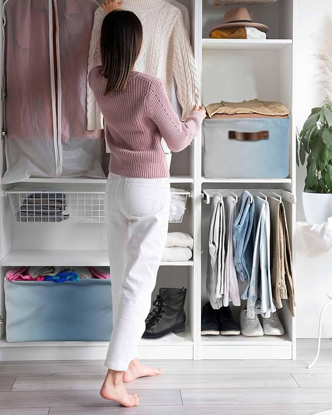 Blue Grey Ombre Storage Bins Cubes Waterproof Cloth Storage Basket, Farmhouse Gradient Minimalist Foldable Storage Bags for Shelf Closet Clothes Storages Organizers with Handles 15x11x9.5 in 2PCS