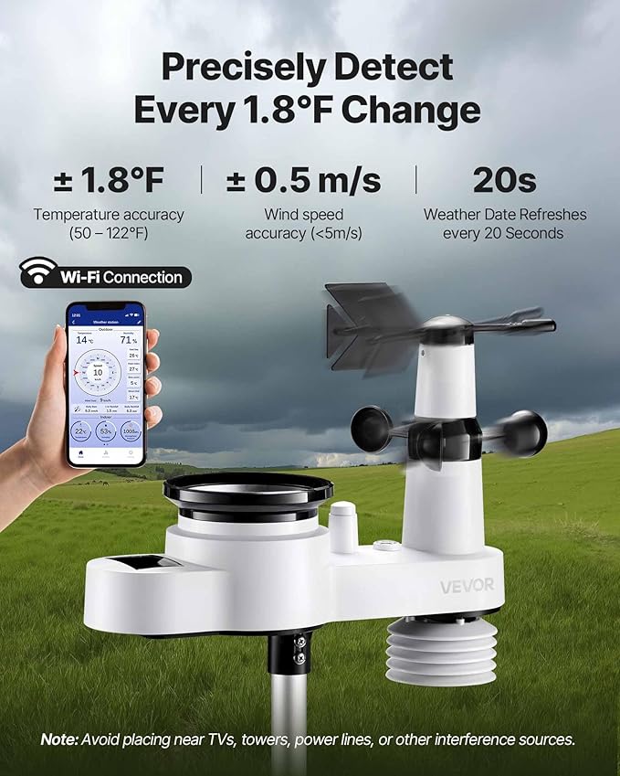 VEVOR 5-in-1 Wi-Fi Weather Station, 7.5-Inch VA Display, Wireless Solar Powered Outdoor Sensor, Rain Gauge, Indoor Outdoor for Weather Forecast, Wind Speed Direction, Temperature, Humidity, Rainfall