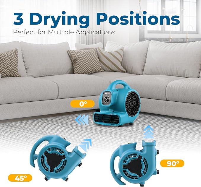 XPOWER P-80 Mini Utility 600 CFM Centrifugal Air Mover, Floor Fan, Blower, Stackable, for Drying，Cooling, Ventilating, Home Use Water Damage Restoration, Workshop, Plumbing