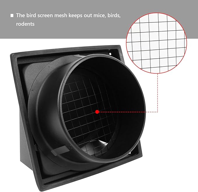 FRESH SPEED 6 Inch Black Dryer Vent Cover Outside Stainless Steel Wall Vent with Removable Cover and Bird Screen Mesh RAL9011