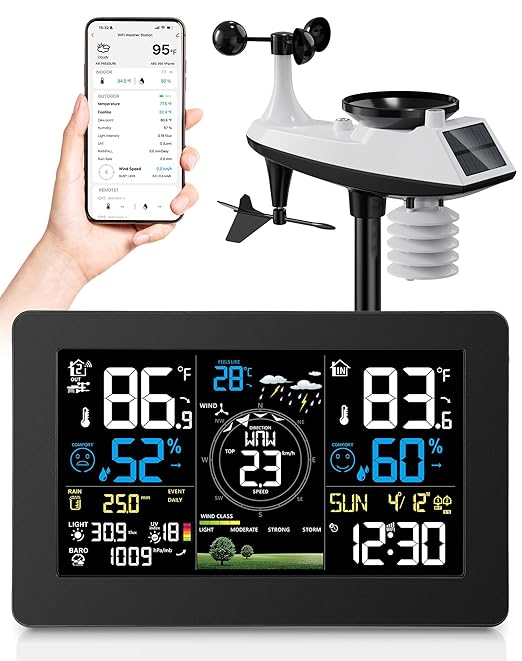WiFi Weather Station Wireless Indoor Outdoor, Thermometer with Rain Gauge and Wind Speed/Direction, Large Display for Weather Forecast, Temperature, Humidity, Clock, Alarm, UV, Air Pressure, Black