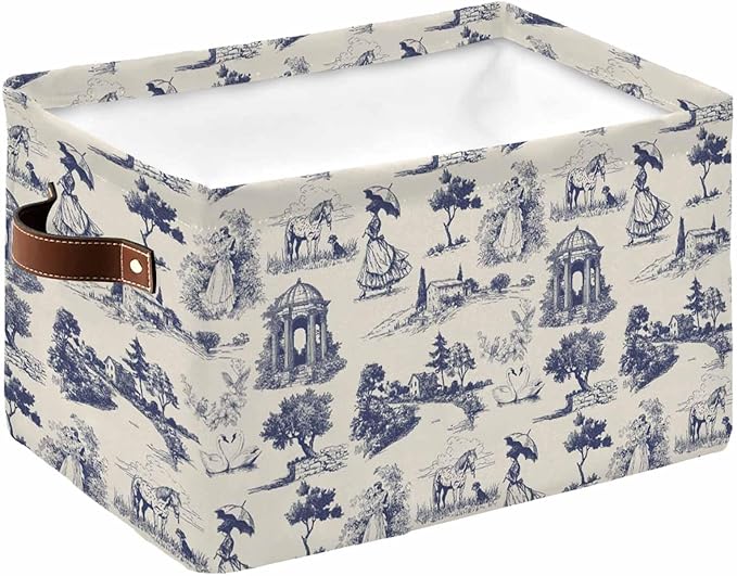 Farmhouse Country Storage Bins Cubes Waterproof Cloth Storage Basket, Vintage Blue French Garden Horse Swan Foldable Storage Bags for Shelf Closet Clothes Organizers with Handles 15x11x9.5 in 1PCS