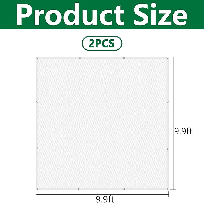 2 Pack 9.9 x 9.9 Ft Plant Shade Nylon Cloth, White Plant Sun Shade Net with Reinforced Grommets, Garden Sunshade Cover Cloth for Protecting Plants from Direct Sunlight
