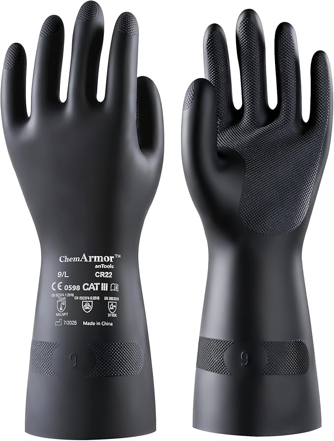 AnTools Heavy Duty Rubber Safety Work Gloves, Chemical Resistant Latex Gloves for Cleaning, Acid & Alkali Protection, Hazmat Use, Black, Large
