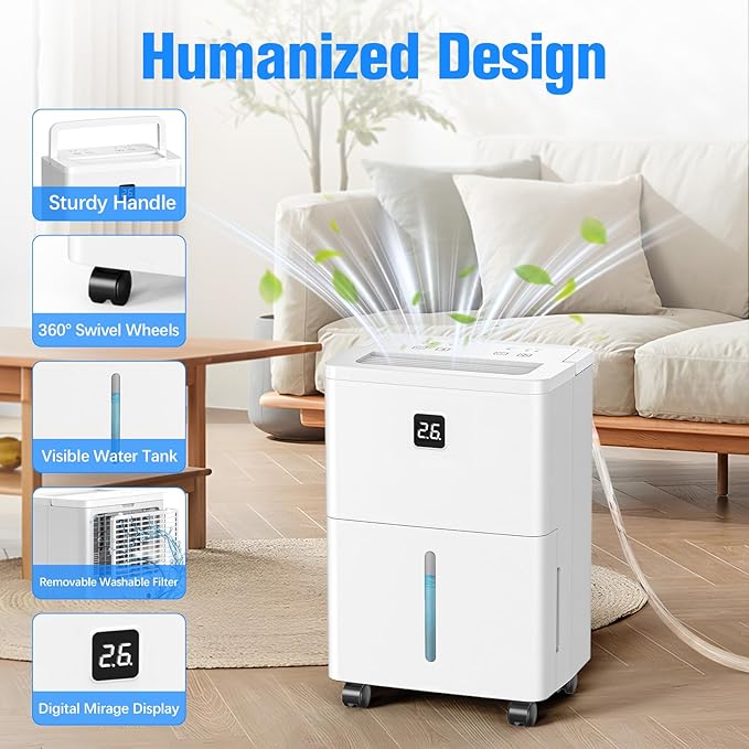 DEVERSE Max 25 Pints Dehumidifier for Home/Bedroom/Basement, 3000 Sq.Ft Coverage, with Drain Hose, Smart Humidity Control & Large Tank
