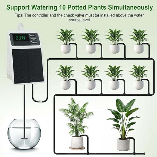 Solar Automatic Drip Irrigation System Kit Anti-Siphoning For 10 Potted Plants DIY Automatic Timing Watering for 15 Days Waterproof with Digital Display Auto Plant Waterer Outdoor Indoor Balcony Patio