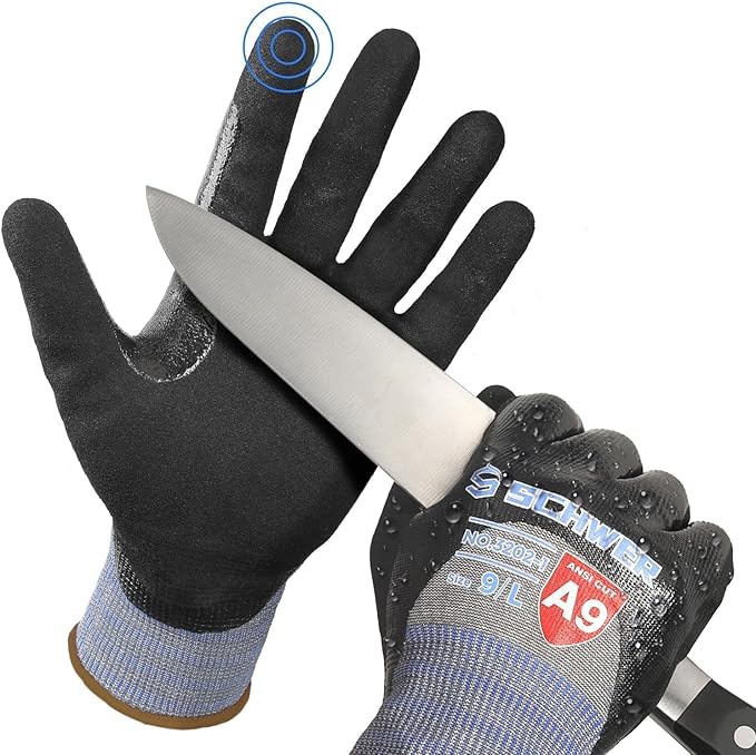 Schwer ANSI A9 Cut/Abrasion Resistant Gloves for Heavy Duty Work, 18 Gauge 3/4 Double Dipped Nitrile Coating for Construction, Gardening, Water & Oil Proof, Anti Slip, Touch Screen, PM3202, Black, L