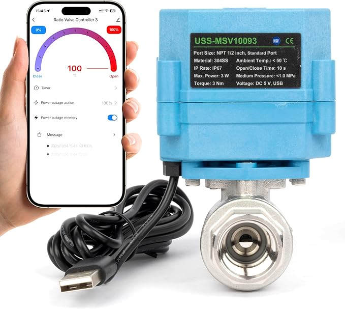U.S. Solid WiFi Smart Motorized Ball Valve 1/2 inch NPT for Water Control, Irrigation, 2 Way 304SS Electric Valve, USB Powered, Status Indicator, Flow Direction, Remote On/Off Control, NSF Certified