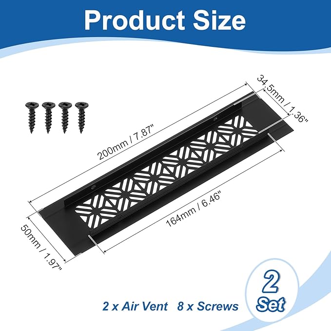 uxcell 2Pcs Aluminum Alloy Air Vents, 200 x 50mm / 7.9 x 2" Rectangle Louvered Ventilation Grille Cover with Mounting Screws for Door Cabinet Wardrobe, Matt Black