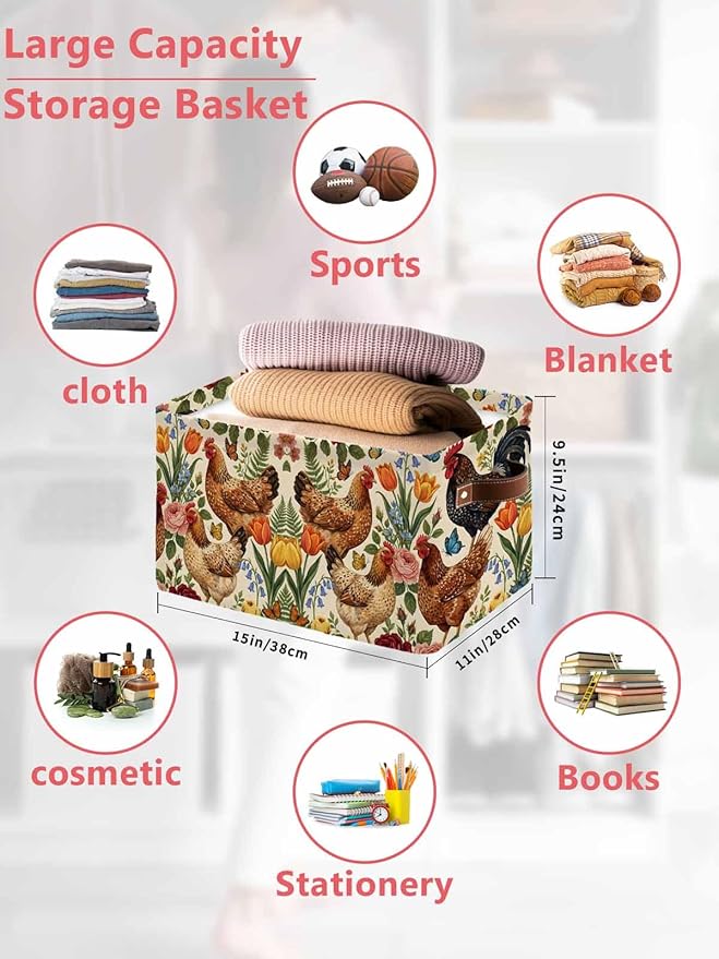 Rooster Floral Storage Bins Cubes Waterproof Cloth Storage Basket, Farmhouse Spring Flowers Butterflies Foldable Storage Bags for Shelf Closet Clothes Organizers with Handles 15x11x9.5 in 2PCS