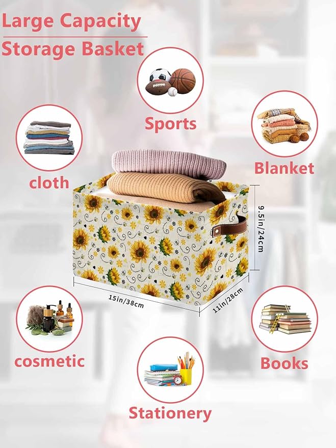 Vintage Sunflower Storage Bins Cubes Waterproof Cloth Storage Basket, Summer Botanical Farmhouse Floral Foldable Storage Bags for Shelf Clothes Storages Organizers with Handles 15x11x9.5 in 1PCS