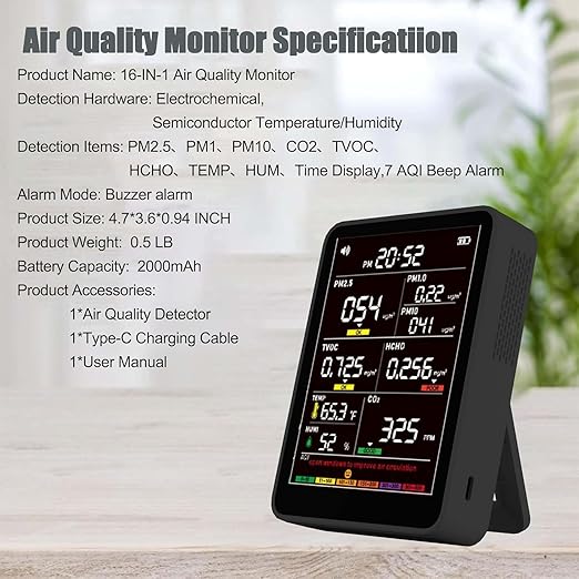 Professional Indoor Air Quality Monitor with AQI Alerts, Portable Real-Time Detector for Home, Car, Plants & Pet (Deep Black)