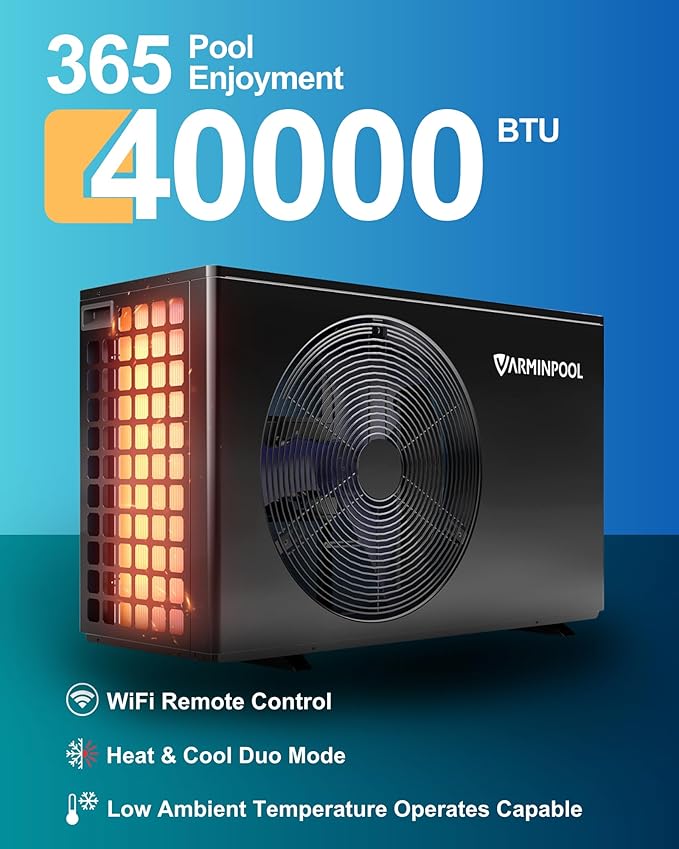 40000BTU Pool Heat Pump with Smart Invert, up to 10,000 Gals In and Above Ground Pools, Energy Efficient Pool Heater with WiFi Capable Smart Timer, Heat & Cool Duo Mode, 240V, V10 Plus