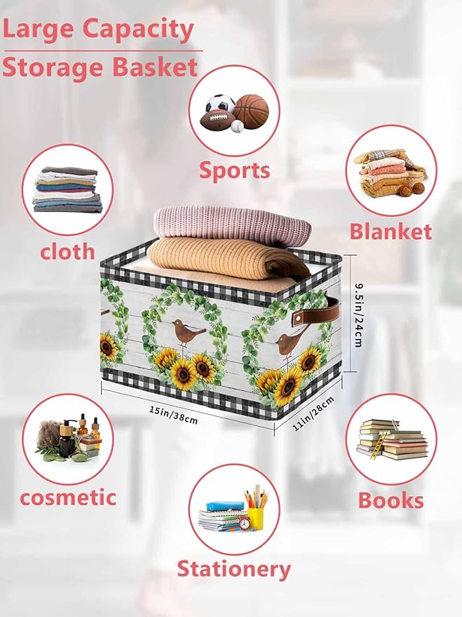 Spring Eucalyptus Sunflower Storage Bins Cubes Waterproof Cloth Storage Basket,Farmhouse Birds Gray Wood Foldable Storage Bags for Shelf Clothes Storages Organizers with Handles 15x11x9.5 in 2PCS
