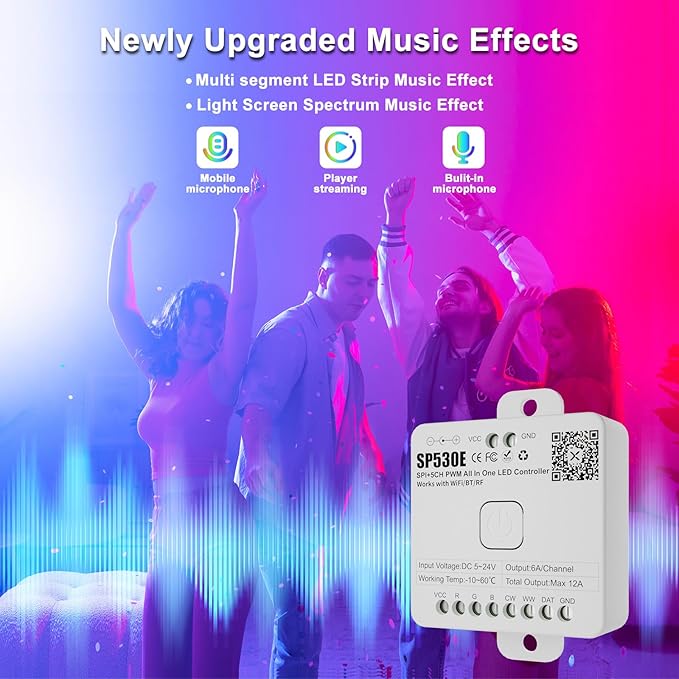 PAUTIX SP530E WiFi Bluetooth LED Controller Alexa/Google 12-in-1 LED Dimmer Support PWM/SPI Single Color CCT RGB RGBW RGBCCT IC LED Strip WS2811 WS2812,for COB/5050 2835 LED Strip Lights DC5V 12V 24V