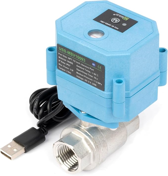 U.S. Solid WiFi Smart Motorized Ball Valve 1/2 inch NPT for Water Control, Irrigation, 2 Way 304SS Electric Valve, USB Powered, Status Indicator, Flow Direction, Remote On/Off Control, NSF Certified