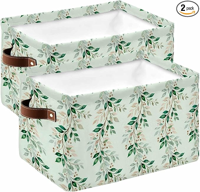 Botanical Leaves Storage Bins Cubes Waterproof Cloth Storage Basket, Weeping Berry Spring Plants Summer Foldable Storage Bags for Shelf Closet Clothes Organizers with Handles 15x11x9.5 in 2PCS