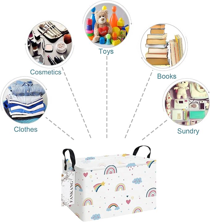 FANKANG Storage Bins, Nursery Hamper Canvas Laundry Basket Foldable with Waterproof PE Coating Large Storage Baskets for Kids Boys and Girls, Office, Bedroom, Clothes,Toys(Rec-Love Rainbow）