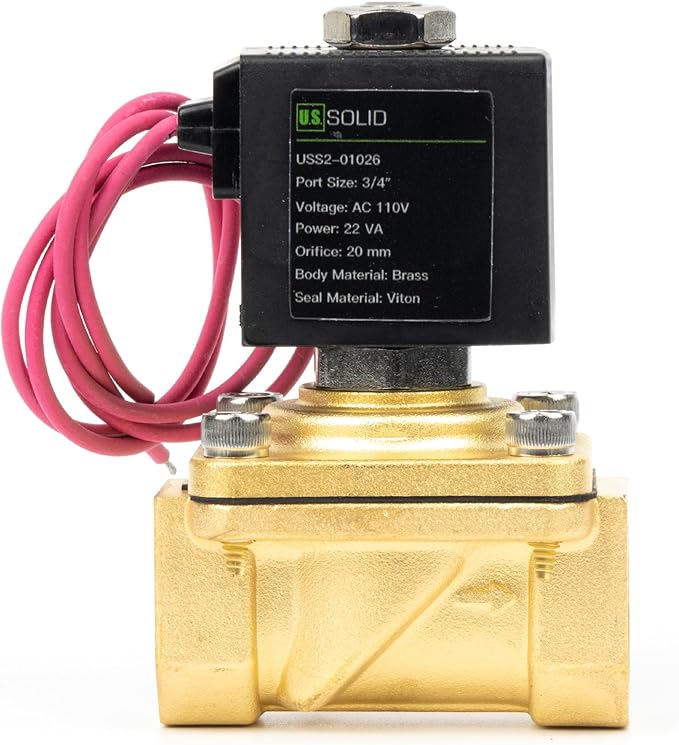 U.S. Solid 3/4" Brass Solenoid Valve - 110V AC Normally Closed Electric Solenoid Valve with Viton Seal, Lead Wire Type