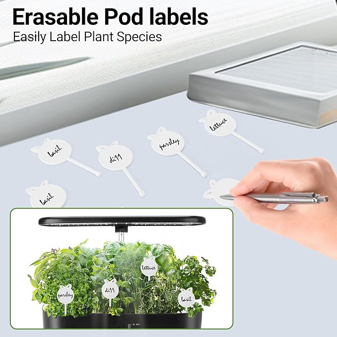 Hydroponics Growing System with LED Grow Light, 14 Pods Indoor Herb Garden Full Spectrum Rotatable Light Panel, Auto On Off Timing 12 14 16Hrs, 5L Water Tank, Harvest Fresh Basil Tomato (Black)