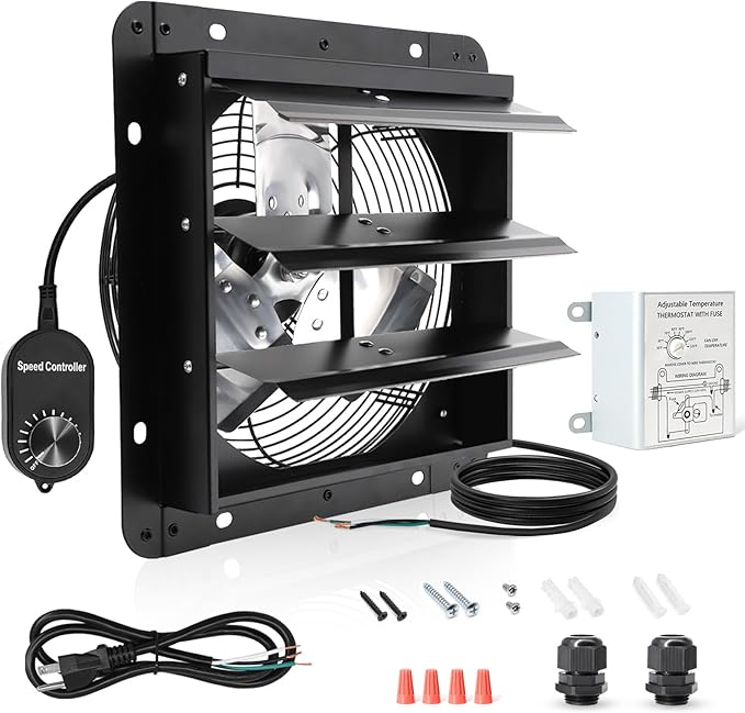 Shutter Exhaust Fan with Thermostat & Speed Control, 820 CFM,1700RPM, Upgrade 10 inch Wall Mount Attic Vent Fan for Chicken Coops, Greenhouse, Gable, Barn, Garage, Shed Ventilator