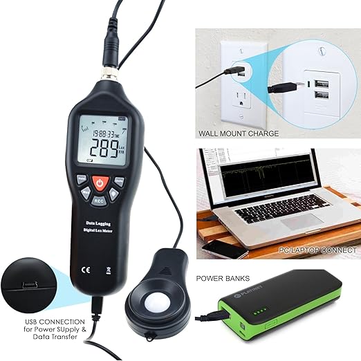 Digital Light Lux Meter with Data Logging FunctionMeasurement Range 0 to 200,000 Lux Auto Ranging Instrument Detachable sensors Used in The Home, Light Pollution Outdoors (Lux Meter w/Data Logging)