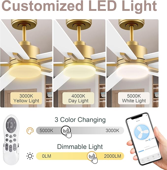 Lorpies 52” Smart Ceiling Fan with LED Lights Remote,Quiet DC Motor,Voice Control via Alexa Google WIFI Phone,Outdoor Indoor Modern Ceiling Fans,Dimmable,for Bedroom Patio Porch,Gold and White Black