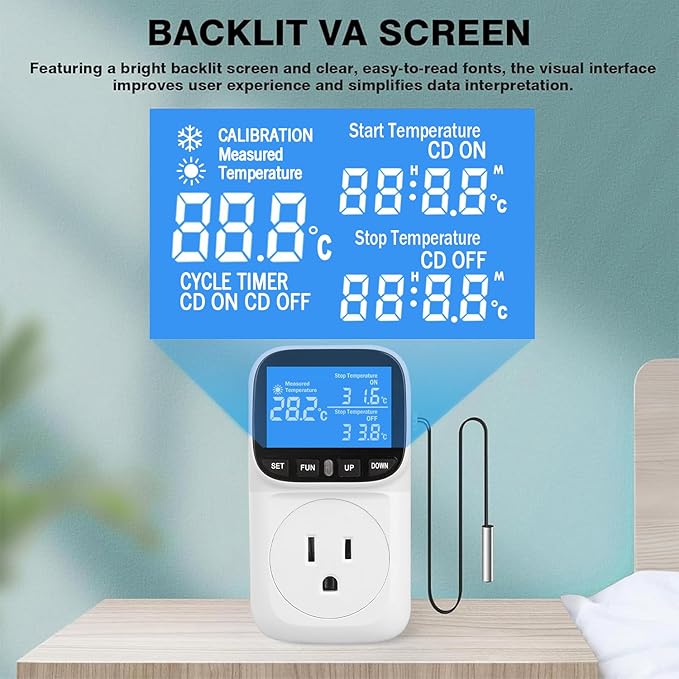 Digital Temperature Controller, Heavy Duty 15A/1800W Thermostat Outlet Plug, VA Display Heating Cooling Control Timer, -40℉~210℉, Cyclic Timing/Countdown, for Greenhouse Incubator Homebrew