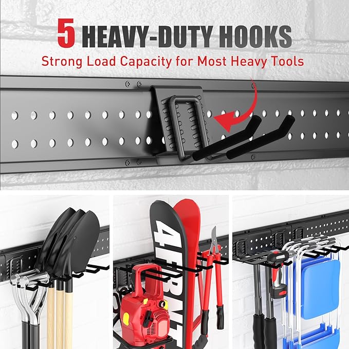 Garage Tool Organizer Wall Mount 48 inches with 10 Adjustable Heavy-Duty Hooks, Garage Organization, Garden Tool Storage Rack, Yard, and Shed, Holds Up to 400 lbs