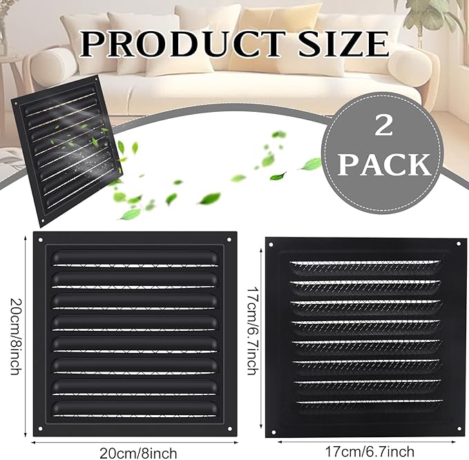 2 Pcs 8" X 8" Attic Vent Metal Shed Vents Gable Vents Louver Vent Grille with Screen Mesh for Home Garage Attic Ceiling, Boost Ventilation and Guard Against Moisture (Black)