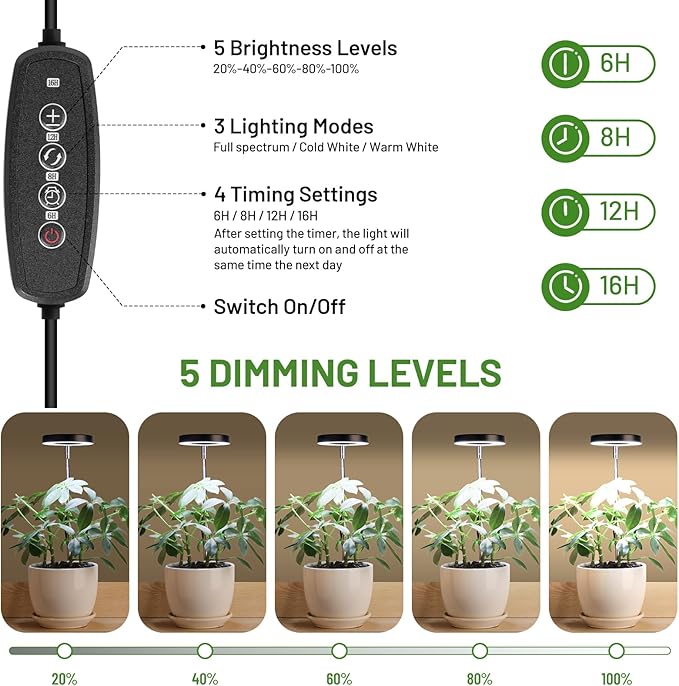 LBW Grow Light for Indoor Plants, Full Spectrum Plant Grow Light with Base, Height Adjustable Plant Growing Lamp with Auto On/Off Timer 6/8/12/16H, 3 Colors,5 Dimming Levels, for Small Plants, Black