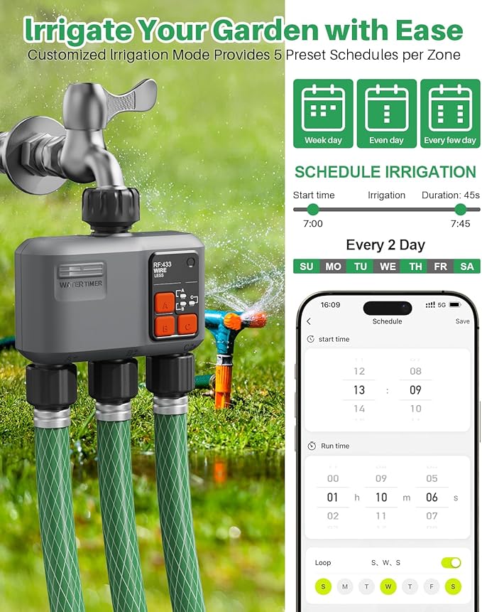 WiFi Sprinkler Timer 3 Zone with 984 FT Range, 3 Outlet Smart Water Timer for Garden Hose with Strong Wall Penetration/Rain Delay/Alexa & Google Voice/App Control, Water Hose Timers for Garden & Lawn