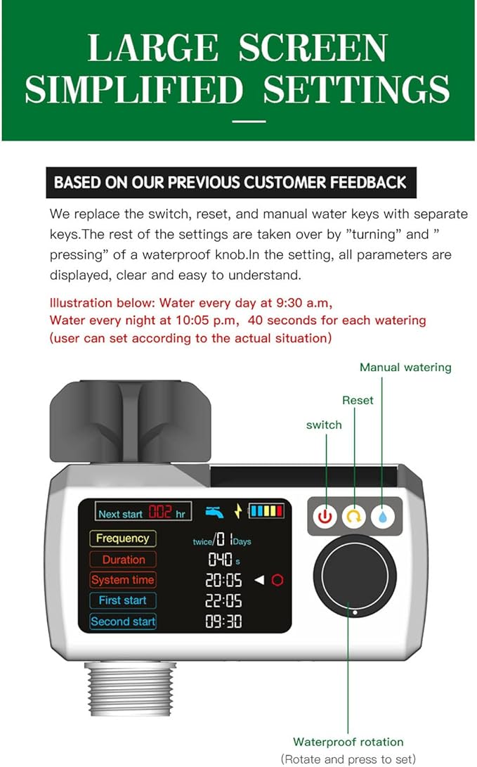 Solar Sprinkler Timer, Programmable Water Timer for Garden Hose with Rain Delay & Self Inspection, IP68 Automatic Irrigation Timer for Drip Irrigation and Lawn Watering System