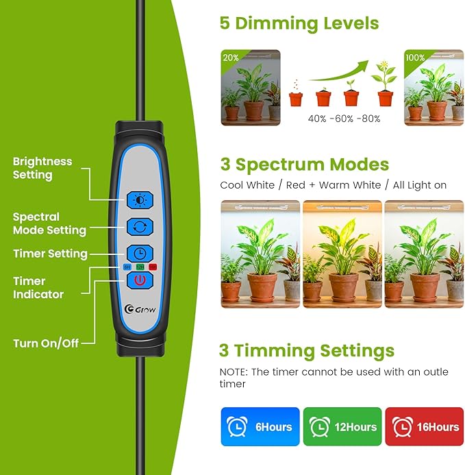 Kullsinss 8 inches LED Grow Light Strips, Full Spectrum Grow Lights for Indoor Plants with 6/12/16H Timer, 5 Dimmable Levels, Plant Light for Seedling Succulent, Ideal for Plant Shelf (4 Strips*2pcs)
