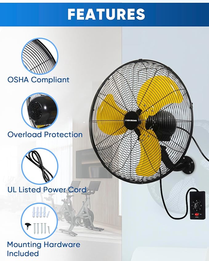KEN BROWN 20 Inch Industrial Oscillating Wall Mount Fan, 4,460 CFM High Velocity Industrial Wall Fan for Indoor, Commercial, Residential, Warehouse, Greenhouse, Workshop, Basemen