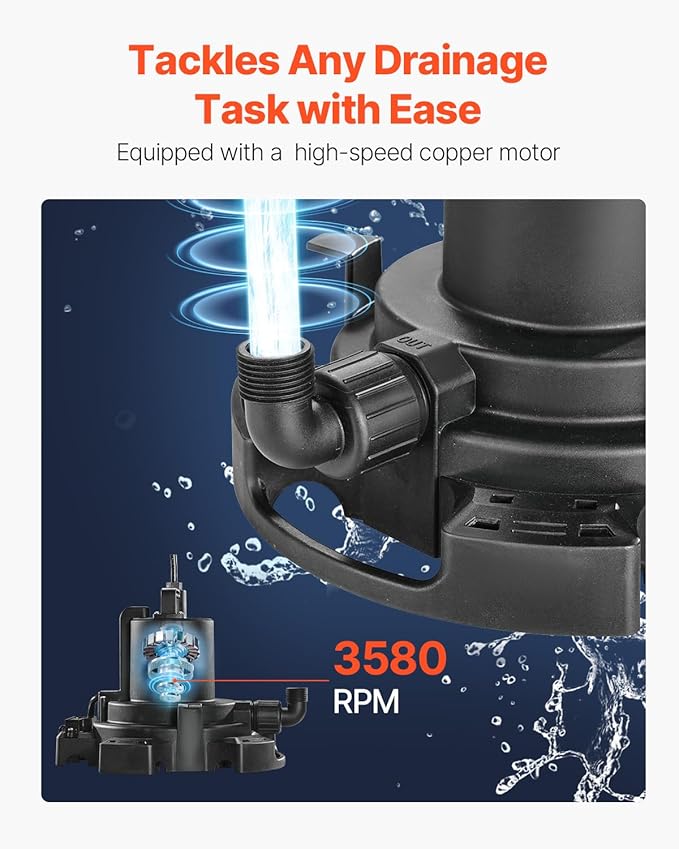 VEVOR Automatic Pool Cover Pump, 1/2 HP 1600 GPH, 120V Submersible Swimming Pool Cover Pump with 25 ft Power Cord, 25 ft Max Head Lift, Water Removal and Transfer Pump, for Pool Draining Hot Tubs