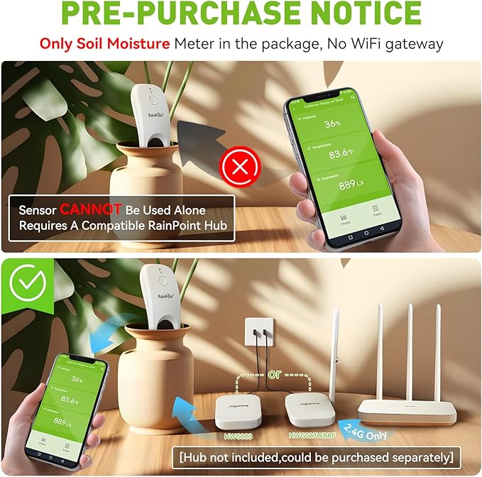 RainPoint 3-in-1 APP Remote Monitoring WiFi Soil Meter - CAN NOT USE Alone, Moisture/Air Temperature/Light Intensity Monitor and Custom Alert, IP66 Waterproof Wireless Sensor for Plant Indoor/Outdoor