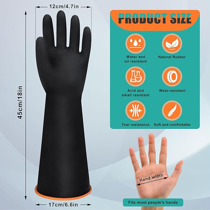 18" XL Size Latex Chemical Resistant Gloves, Reusable Heavy Duty Long Rubber Glove Dishwashing Gloves, Industrial Safety Glove for Men, Forearm Protection Waterproof Resist Strong Acid, Alkali, Oil'