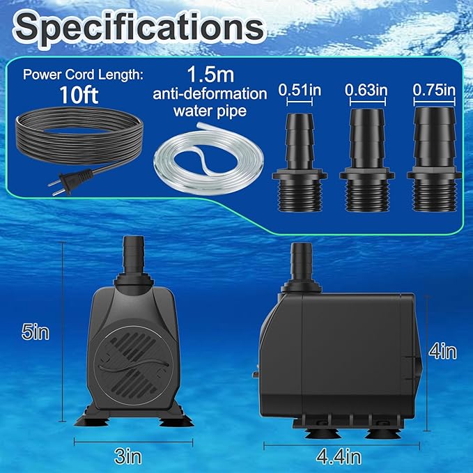 SongLong 800GPH(3000L/H) 10ft Power Cord Submersible Pump,Over Heating Protection Water Pump with 10ft Lift for Fountains, Ponds, Aquariums & Hydroponics.