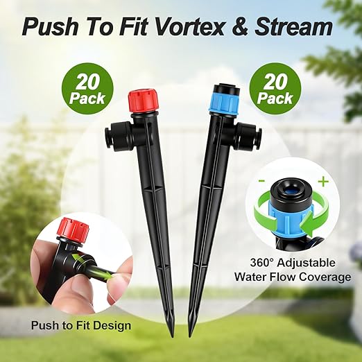 RedChili 40 Pieces Push to Fit Drip Emitters for 1/4" Drip Irrigation Tubing, 20 Pcs Vortex Emitters and 20 Pcs Stream Emitters Adjustable 360 Degree Full Circle Drip Emitters with Stake
