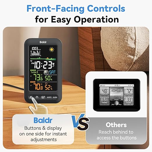BALDR Digital Color Weather Station Vertical Display with Remote Sensor,12H Forecast,Temperature,Humidity and Atomic Clock,Adapter Powered with Backup Battery,Wireless Indoor Outdoor Thermometer,Black