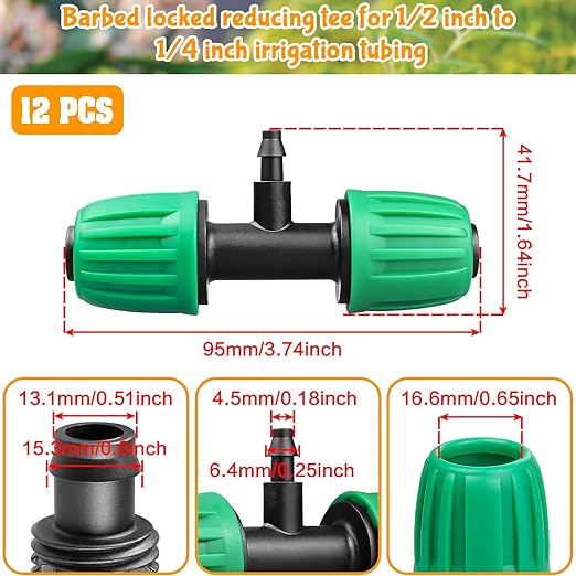 Gardrip 12 Pack Drip Irrigation Fittings for 1/2 Inch to 1/4 Inch Tubing Reducing Tee：1/2" (1/2" ID x 0.65" OD) to 1/4" Drip Line Anti-drop Locked Nut Barbed Reducer Tee Connectors