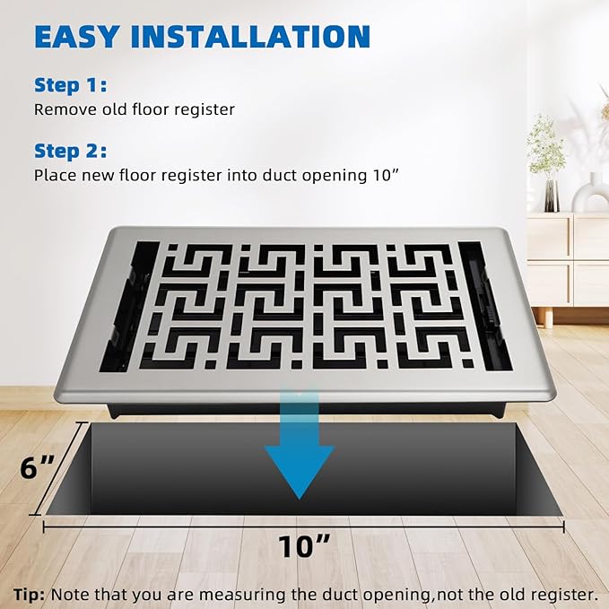 Floor Registers 6x10 Inches - 3 Pack Heavy Duty Walkable Steel Floor Vents Ease Adjust Air Flow Direction Vent Covers for Home Floor Satin Nickel Floor Vent Covers