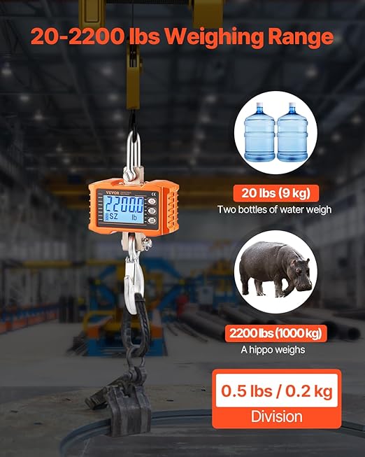 VEVOR Digital Crane Scale, 2200 lbs/1000 kg, Industrial Heavy Duty Hanging Scale with Remote Control, Cast Aluminum Case & LCD Screen, High Precision for Construction, Factory, Farm, Hunting (Orange)