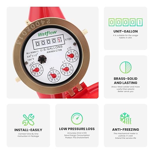 Watflow DN15 Water Meter 1/2" NPT,AWWA C708 Certification Gallon Water Flow Meter, Cold and Hot Water Meter for Garden/Home/Apartment, Horizontal Install.